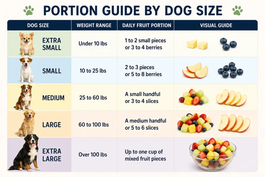 Infographic showing a fruit portion guide by dog size