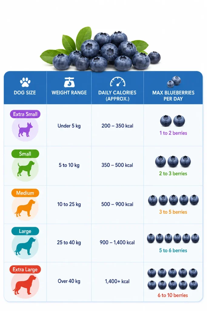 Blueberry serving size chart for dogs showing recommended daily blueberry amounts based on dog size, weight, and calorie needs.