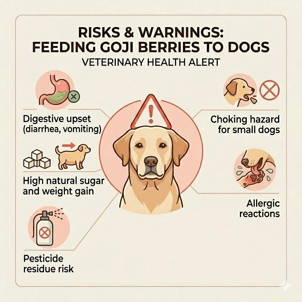 Infographic showing risks and warnings for feeding too many goji berries to dogs
