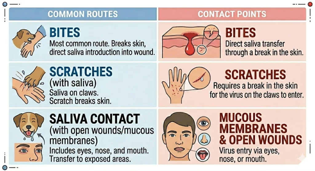 Infographic showing common routes and contact points of rabies in humans