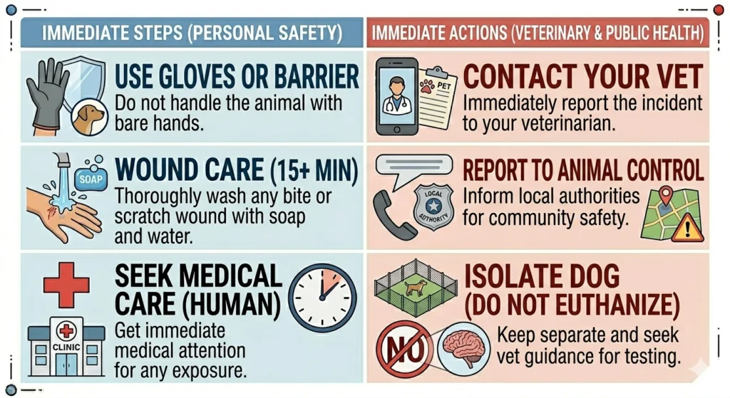 Infographic showing immediate steps for personal safety and immediate actions for veterinary and public health if a dog bite 