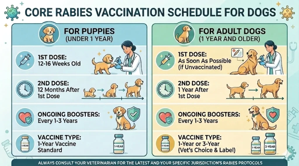 Infographic showing how often do dogs need rabies shots based on the size