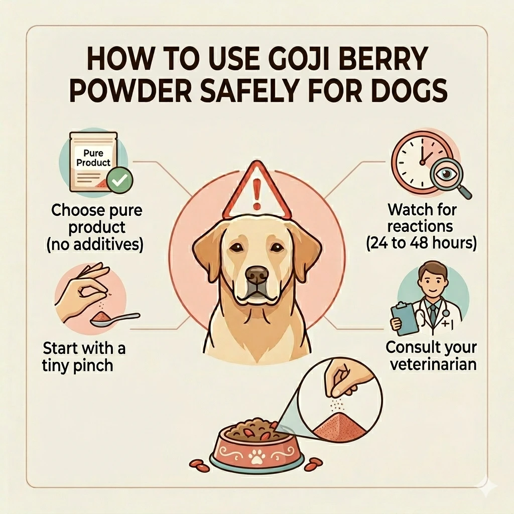Infographic showing how to use goji berry powder safely for dogs