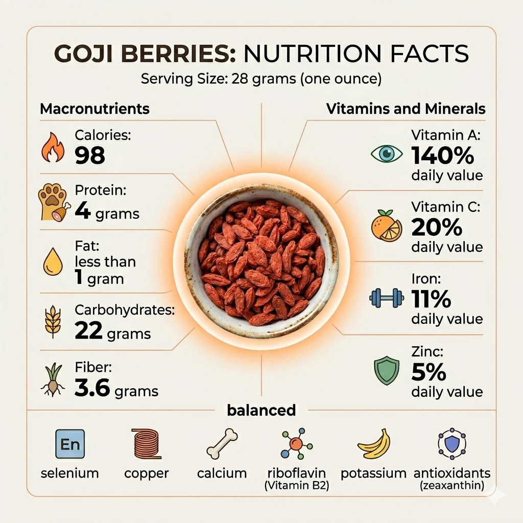 Infographic showing macronutrients, vitamins, minerals, and other nutritional elements. 28 gm of goji berries contain
