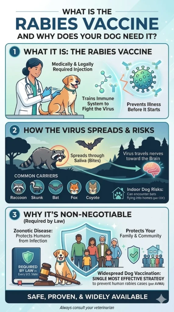 Infographic showing what the rabies vaccine is, why it's important, and what causes rabies