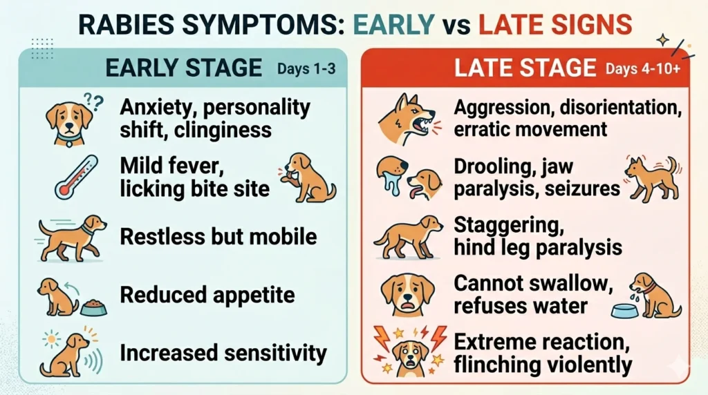 Infographic showing early vs late symptoms of rabies