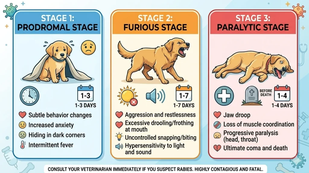 Infographic showing 3 different stages of rabies