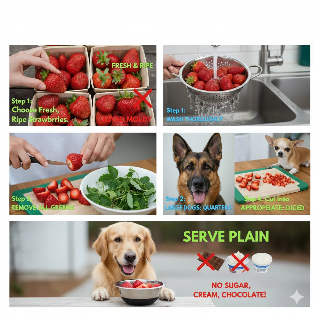 Infographic showing how to safely prepare strawberries for dogs