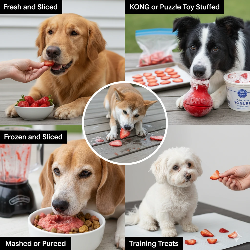Infographic showing different ways to serve strawberries to dogs