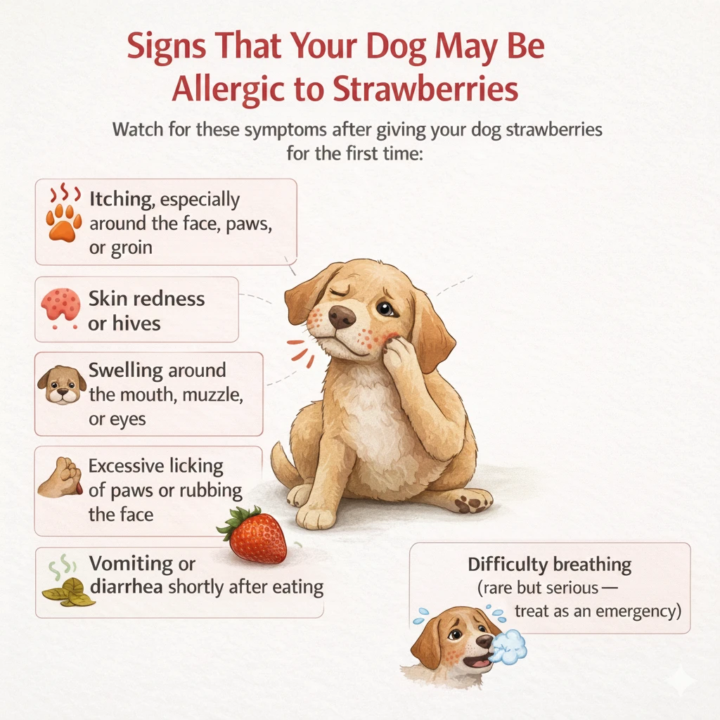 Infographic showing signs that a dog may be allergic to strawberries