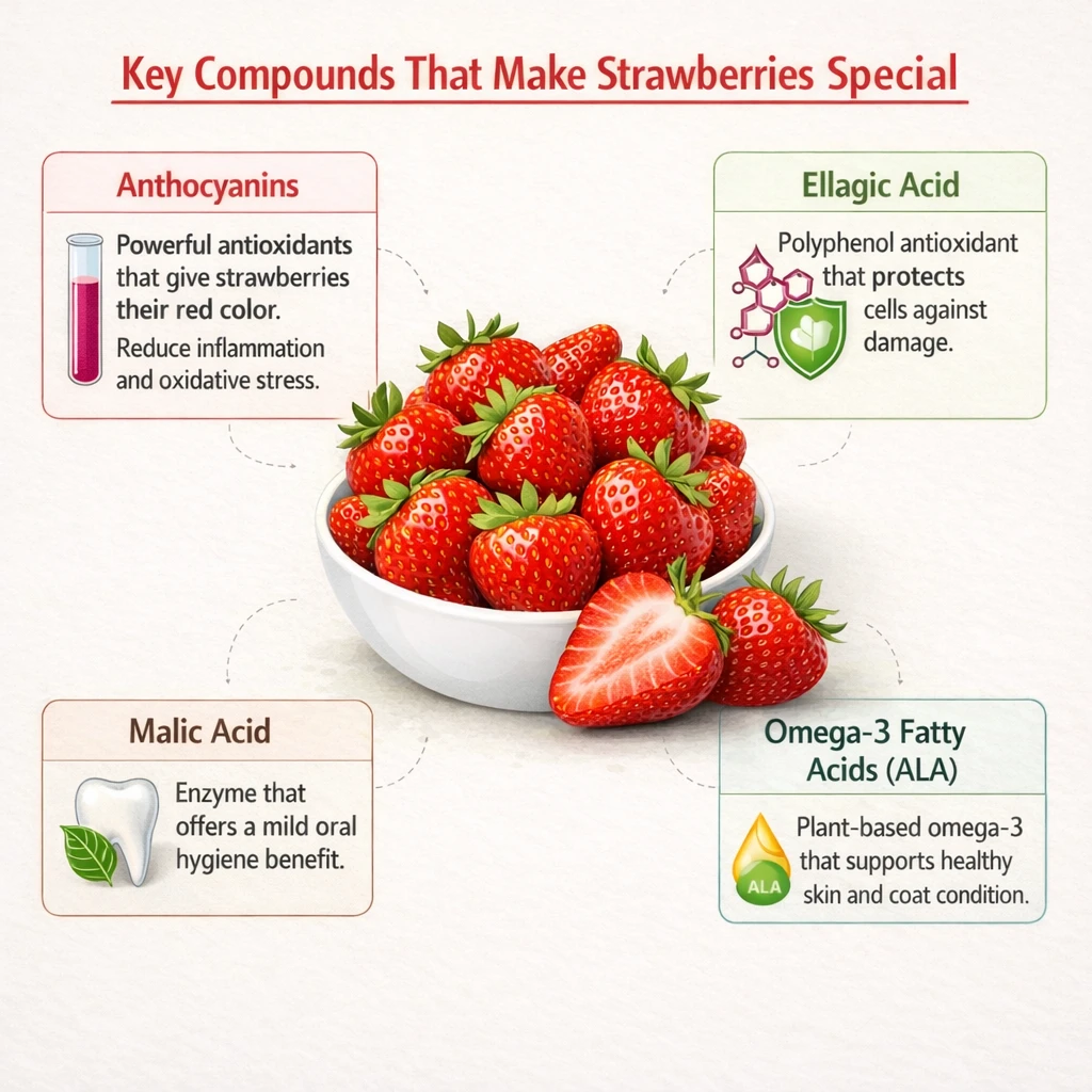 Infographic showing the key compounds that make strawberries healthy for dogs  