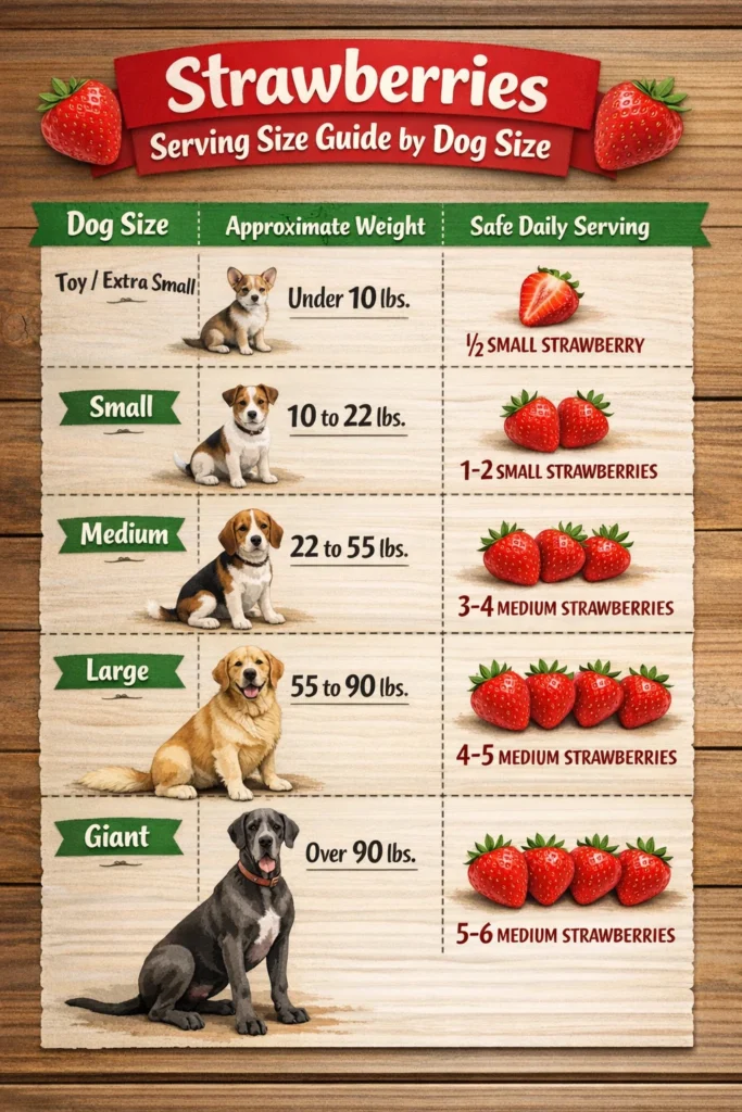 Infographic showing how many strawberries should be served to dogs based on their sizes