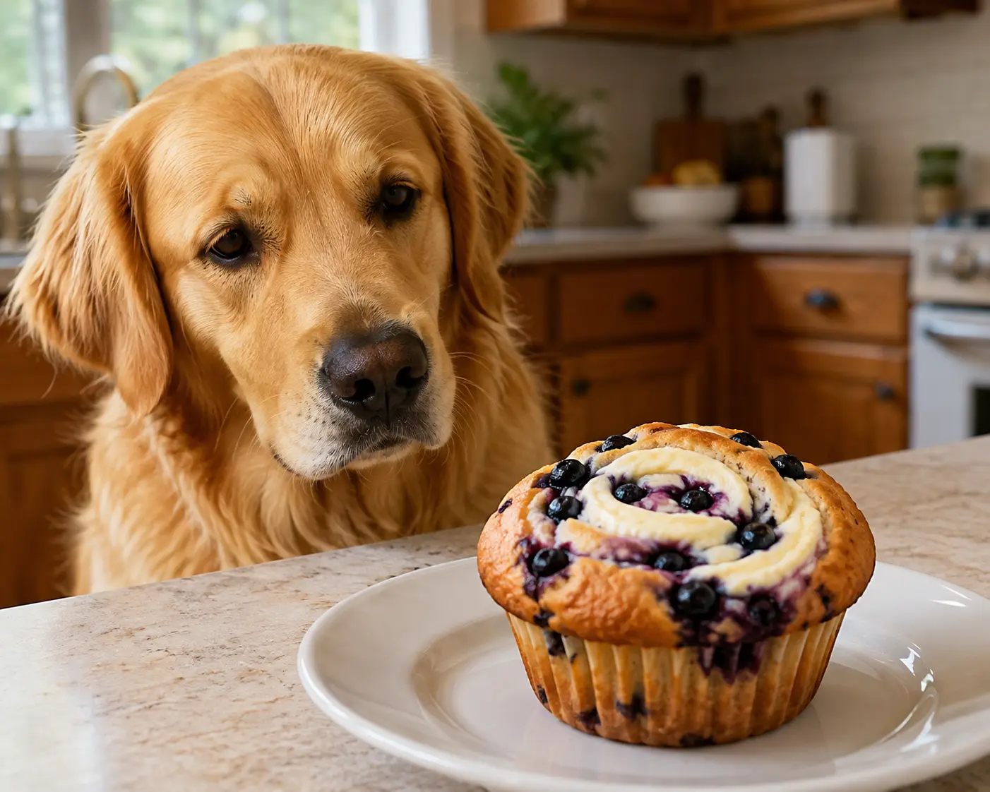 Golden retriever looking at a blueberry cheesecake muffin with visible cream cheese swirl on a kitchen counter