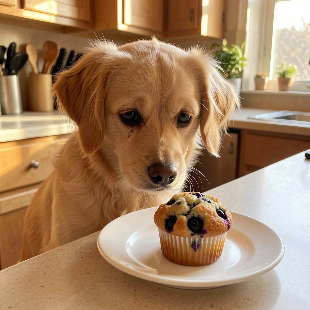 Dog staring at blueberry muffin.