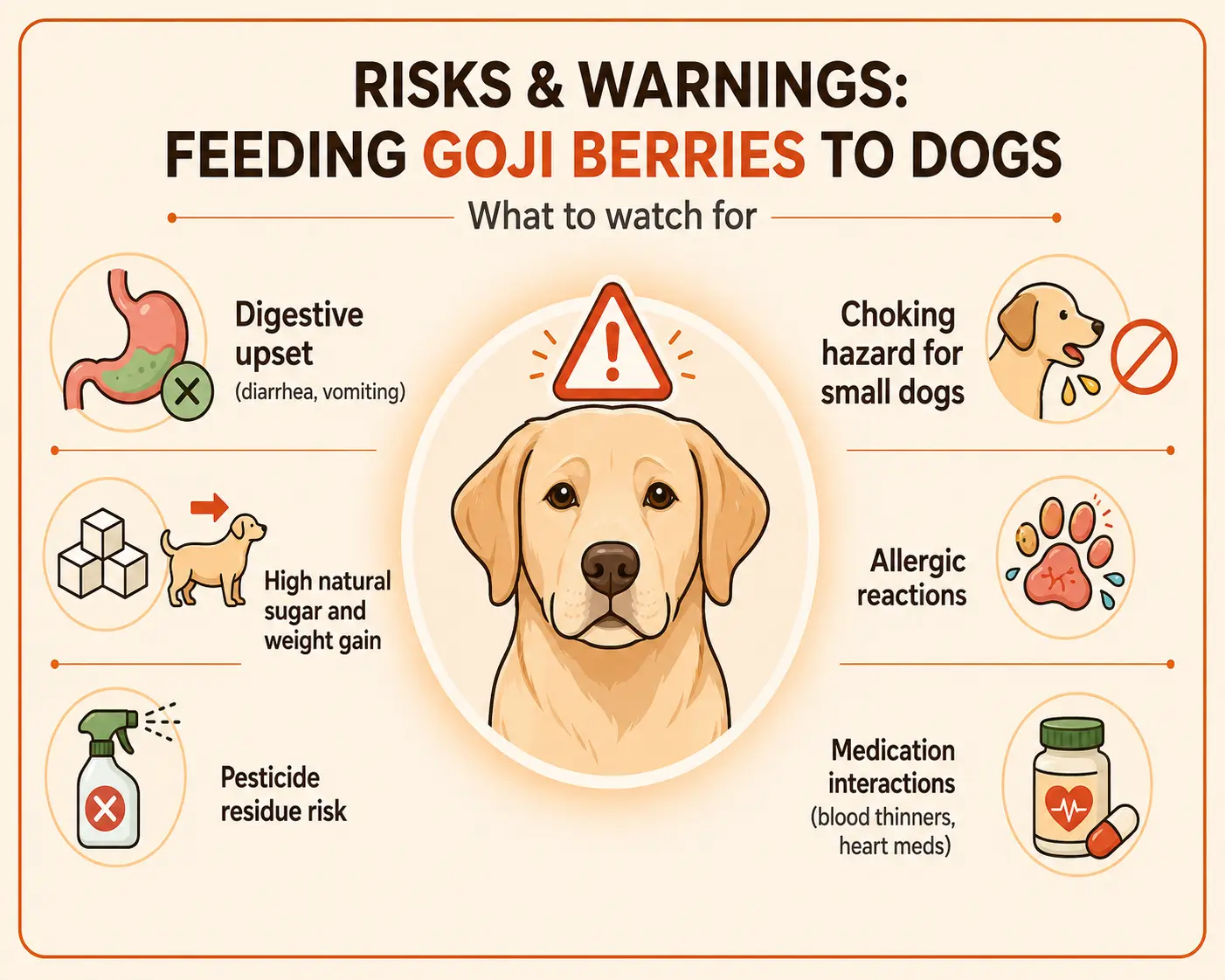 Infographic showing six risks of feeding goji berries to dogs, including digestive upset, weight gain, pesticide residue, choking hazard, allergic reactions, and medication interactions with blood thinners or heart medications