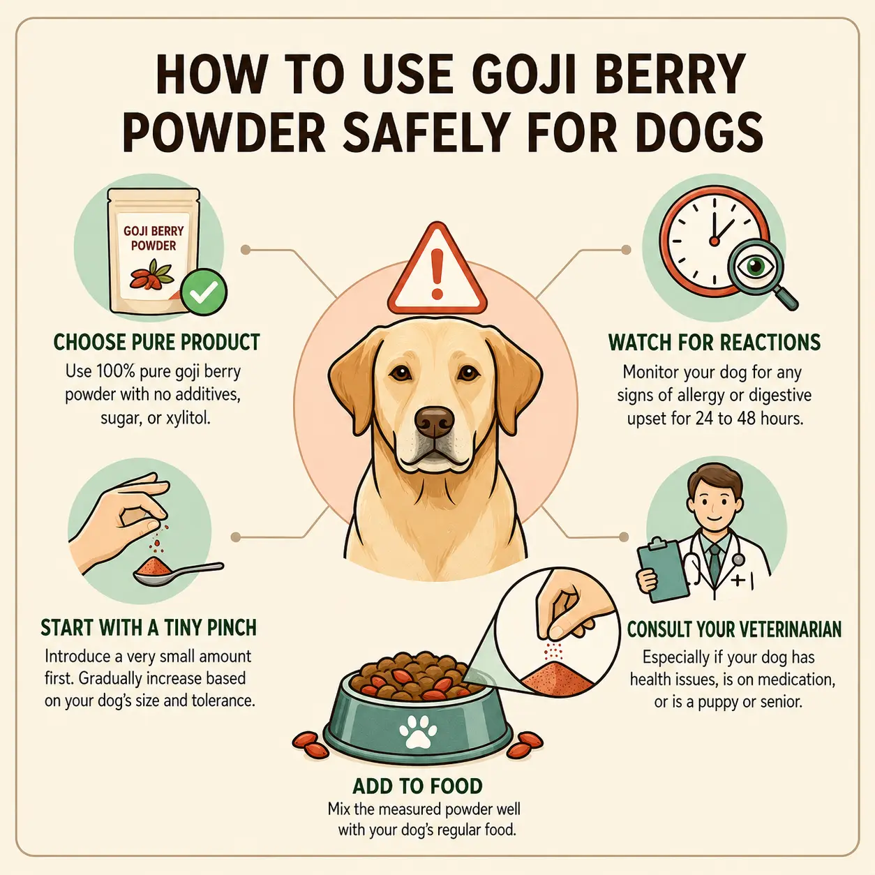 Infographic showing four steps for safely using goji berry powder with dogs: choosing a pure product, starting with a tiny pinch, watching for reactions over 24 to 48 hours, and consulting a veterinarian