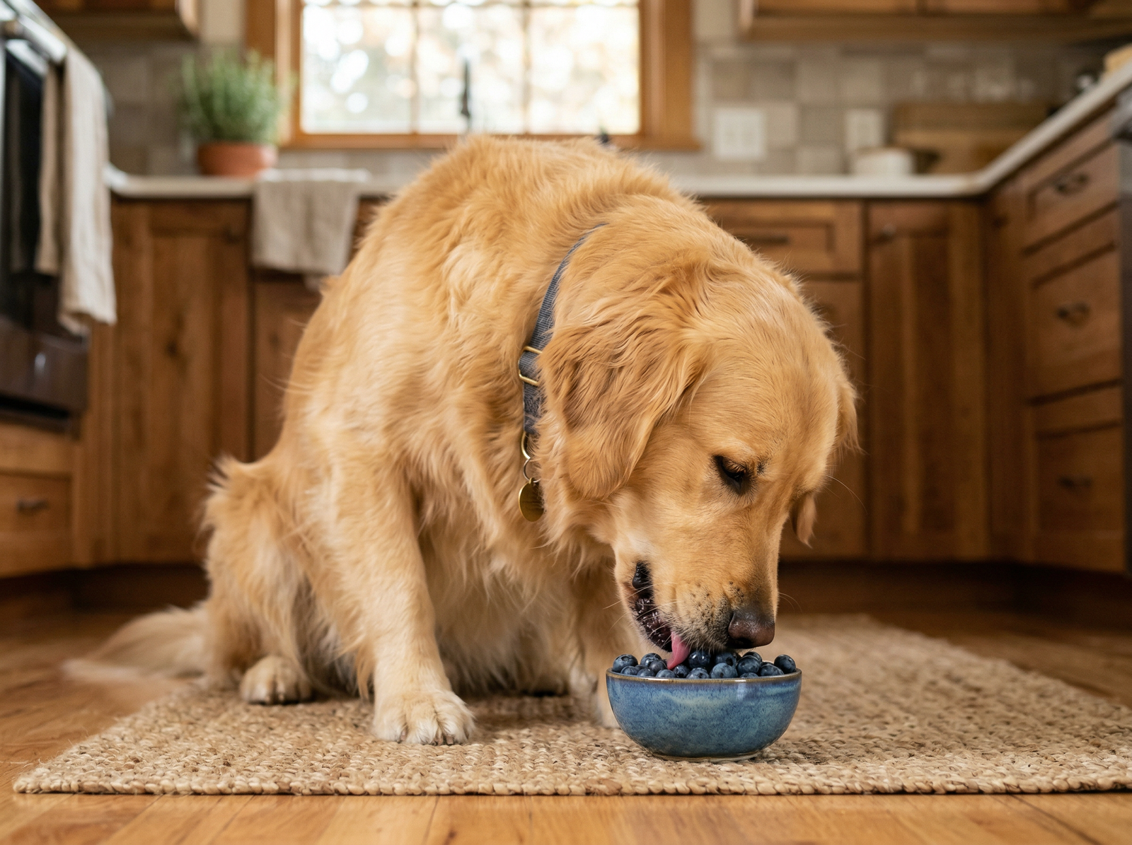 Golden retriever eating blueberries indoors