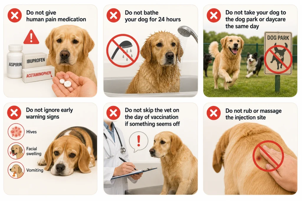 Infographic showing common mistakes to avoid after the dog gets vaccinated