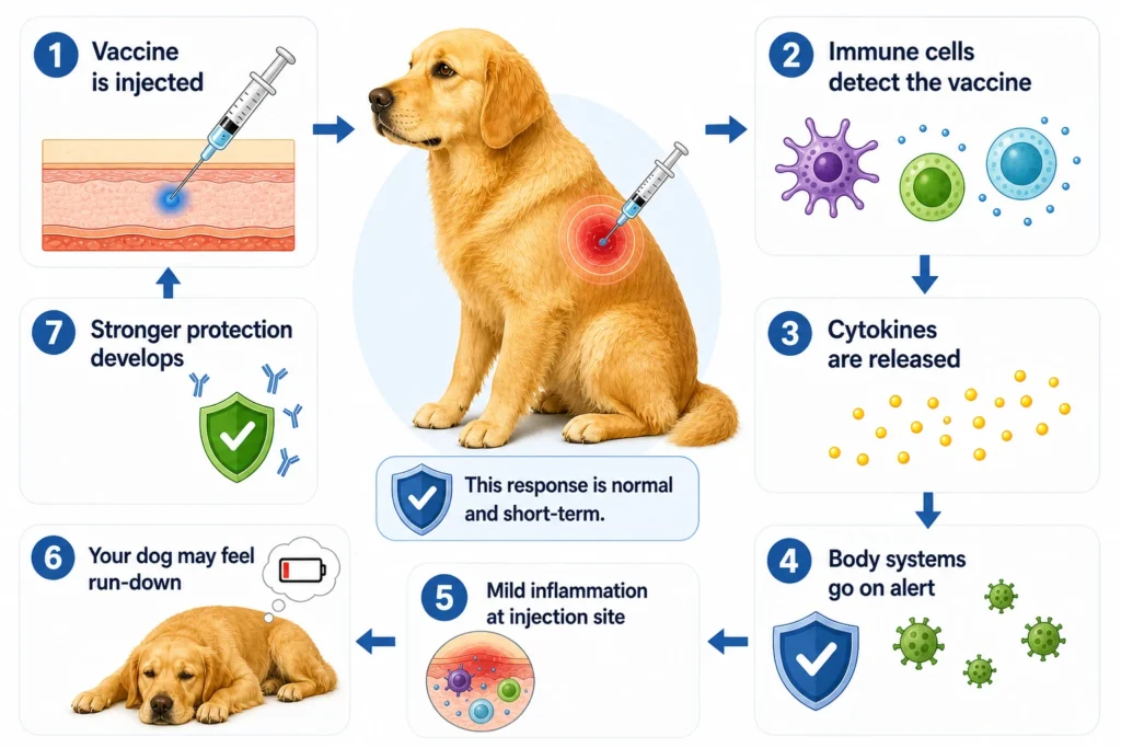 Infographic showing what is happening inside a dog's body when a vaccine is injected