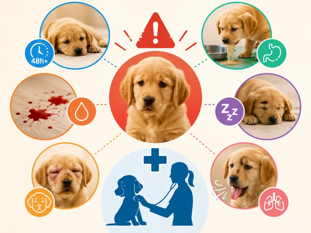 Infographic showing warning signs after deworming a puppy, including vomiting, blood in stool, lethargy, swelling, and breathing difficulty, explaining when to contact a vet