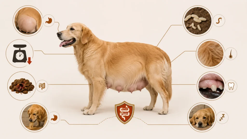 Infographic showing common signs of worms in a pregnant dog including pot-bellied abdomen, weight loss, diarrhea, vomiting, visible worm segments, dull coat, pale gums, and lethargy.