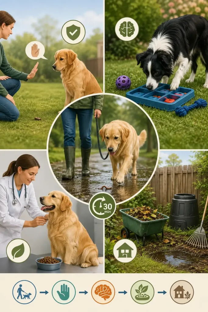 Dog eating worms prevention tips showing leash walk after rain, leave it training, enrichment activities, diet review, and yard cleanup steps