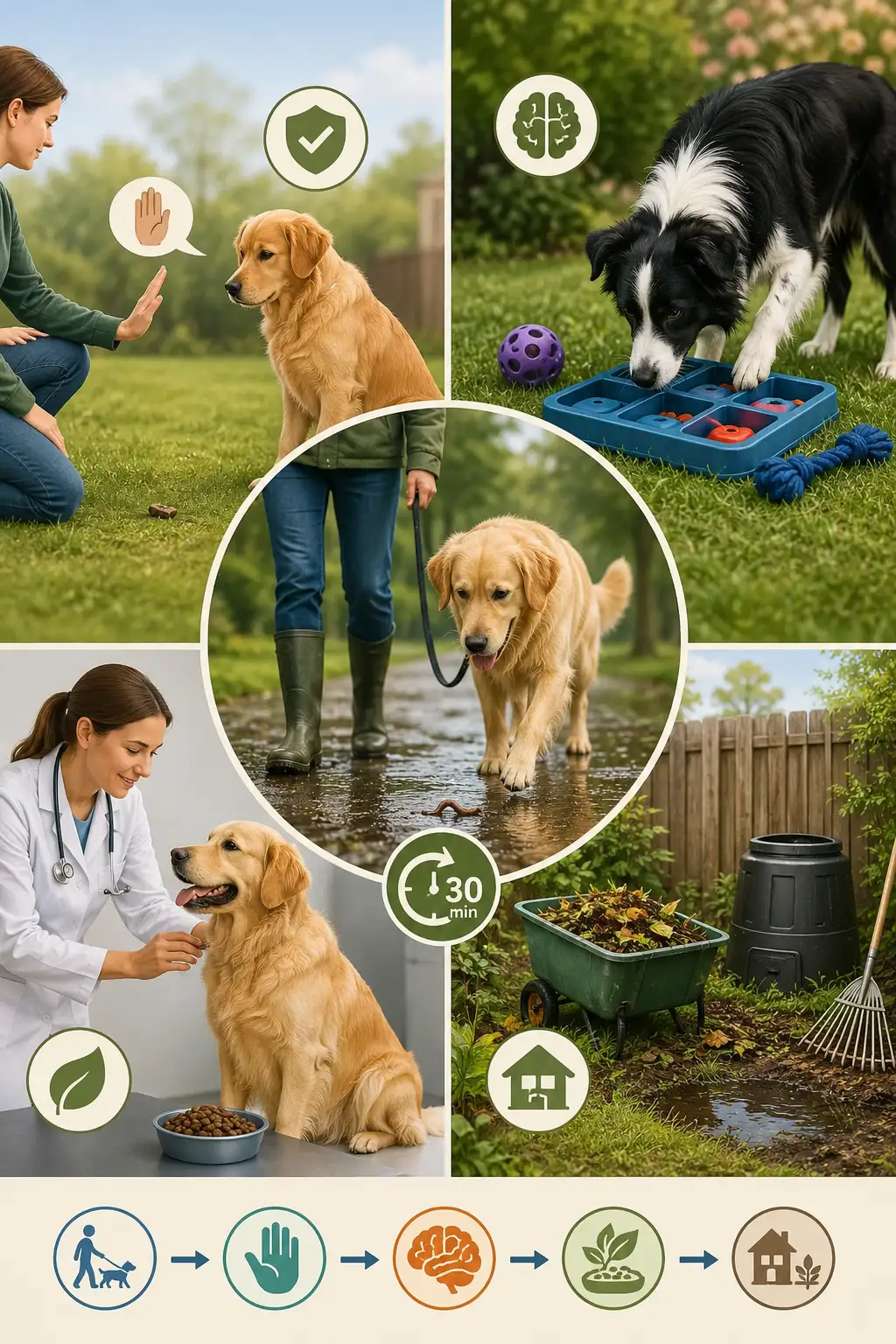 Dog eating worms prevention tips showing leash walk after rain, leave it training, enrichment activities, diet review, and yard cleanup steps