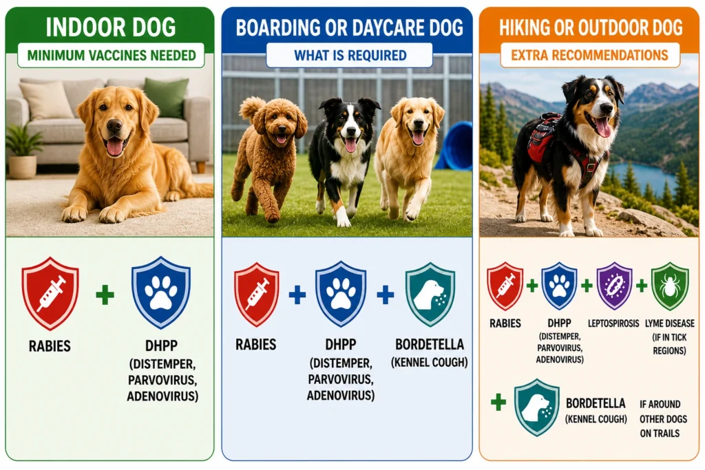 Infographic showing which dog vaccines are absolutely necessary based on lifestyle including indoor dogs, boarding or daycare dogs, and outdoor dogs