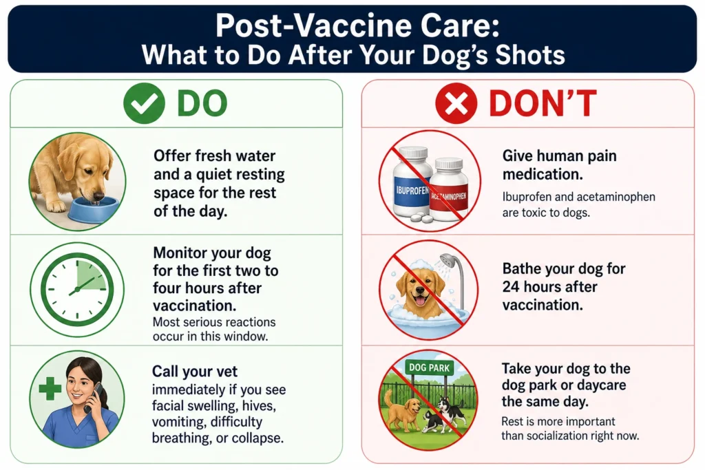 Infographic explaining what to do and what not to do after dog vaccination including rest, monitoring, and avoiding certain activities