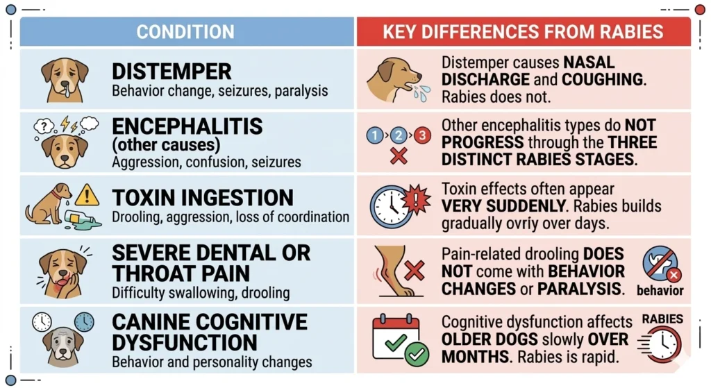 Infographic showing the condition of dog in other diseases and key differences from rabies