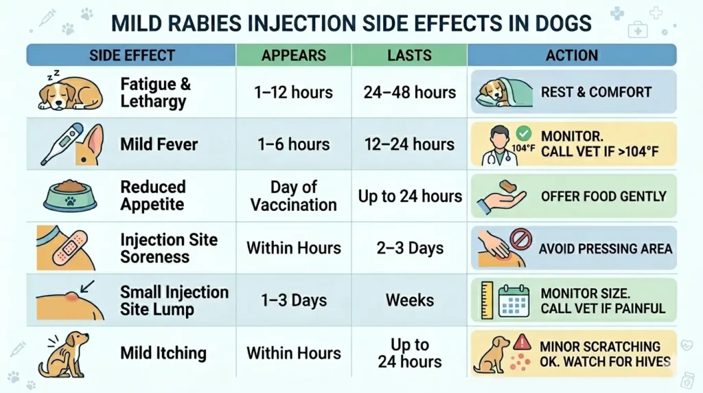 Infographic showing mild rabies injection side effects in dogs