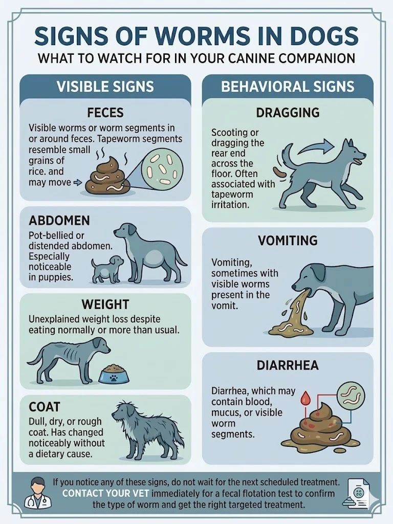 An infographic detailing the visible and behavioral signs of worming in dogs