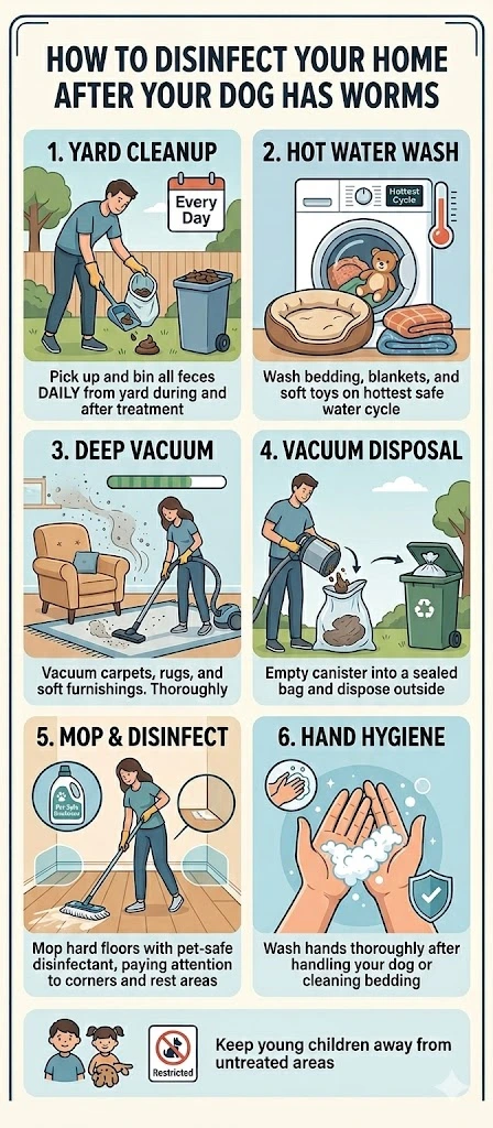 An illustrated 6-step infographic for disinfecting the home after the dog has completed the worming treatment 
