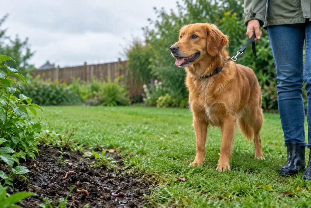 Golden retriever on a wet lawn near earthworms after heavy rain, held on a leash by its owner.
