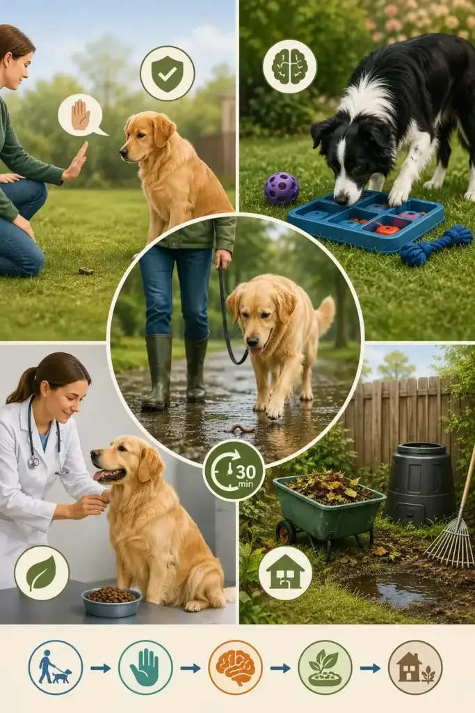 Dog eating worms prevention tips showing leash walk after rain, leave it training, enrichment activities, diet review, and yard cleanup steps