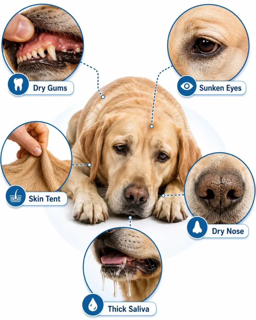 Infographic explaining How Can You Tell If a Dog Is Dehydrated through key warning signs such as dry gums, sunken eyes, skin tenting, dry nose, and thick saliva in dogs