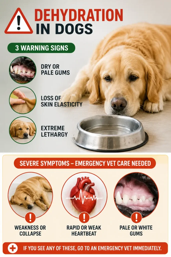 Infographic highlighting warning signs like dry or pale gums, loss of skin elasticity, and extreme lethargy, along with severe symptoms requiring emergency vet care such as weakness, rapid heartbeat, and pale gums