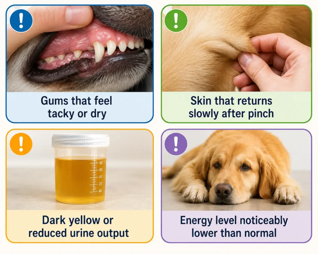Infographic showing dry gums, slow skin pinch test recovery, dark yellow urine, and low energy levels in dogs as dehydration signs.