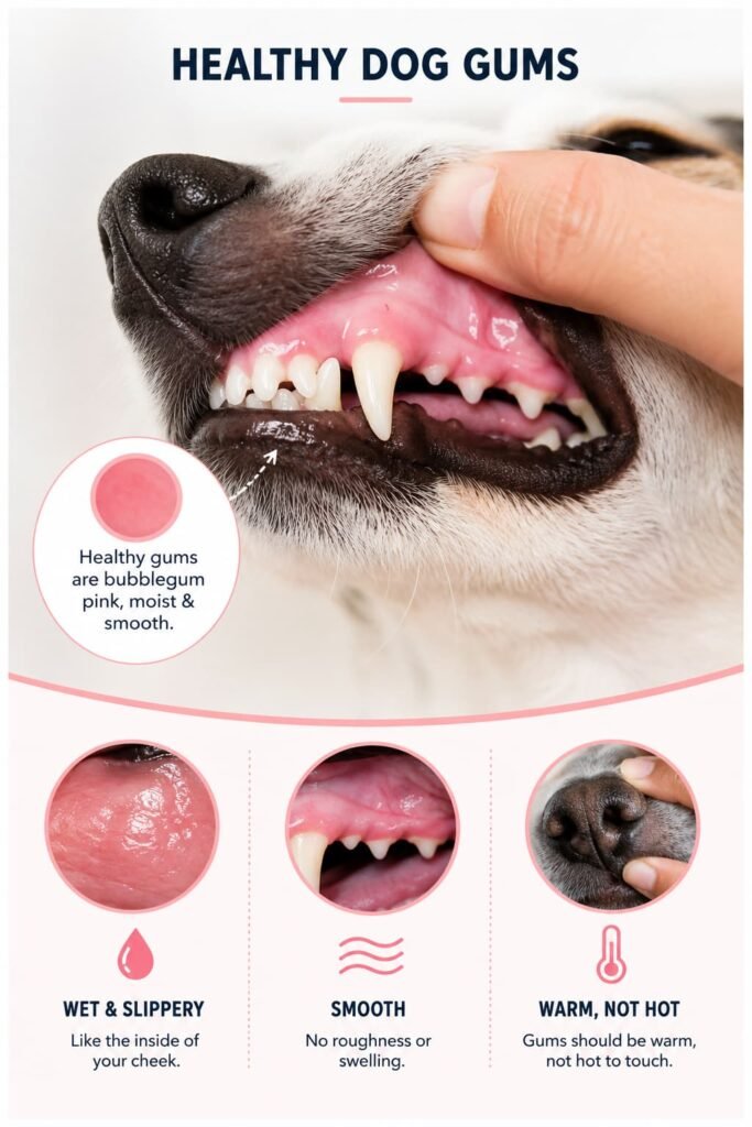 Close-up infographic showing healthy dog gums that are bubblegum pink, moist, smooth, and warm to the touch, with visual examples of normal canine gum health.