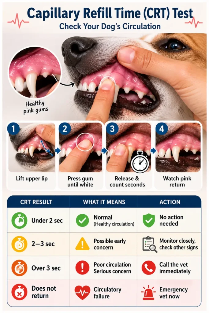 Infographic showing the capillary refill time test in dogs