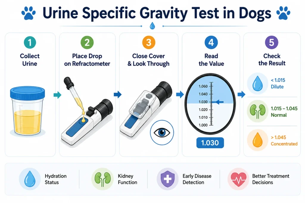 Infographic showing urine specific gravity test steps for diluted urine in dogs