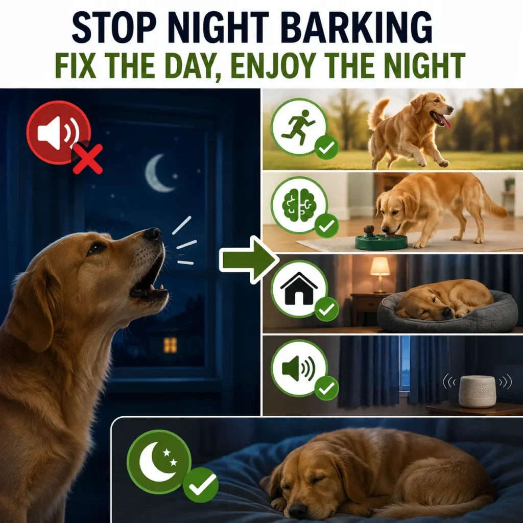 Visual guide explaining how to reduce nighttime dog barking through exercise, mental stimulation, a predictable bedtime routine, noise reduction, and a comfortable sleeping area.