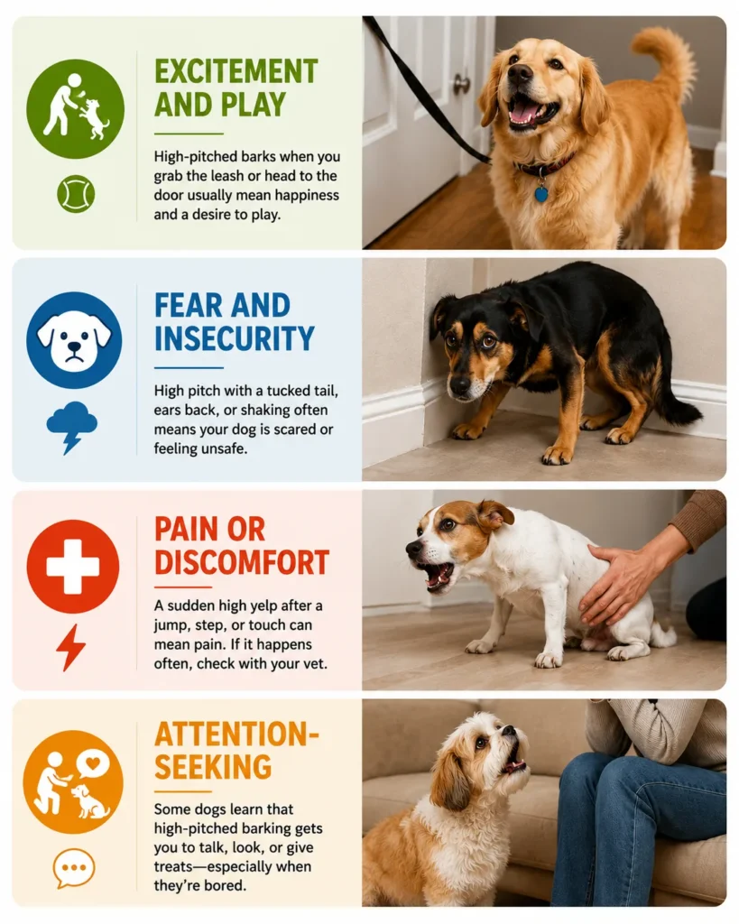 Infographic showing four common reasons for high-pitched dog barking: excitement and play, fear and insecurity, pain or discomfort, and attention-seeking, with photos of dogs displaying each behavior.