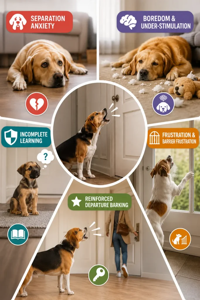 Why Does My Dog Bark When I Leave? Causes and Fixes infographic showing separation anxiety, boredom, incomplete learning, frustration, and reinforced barking behavior in dogs left alone at home.
