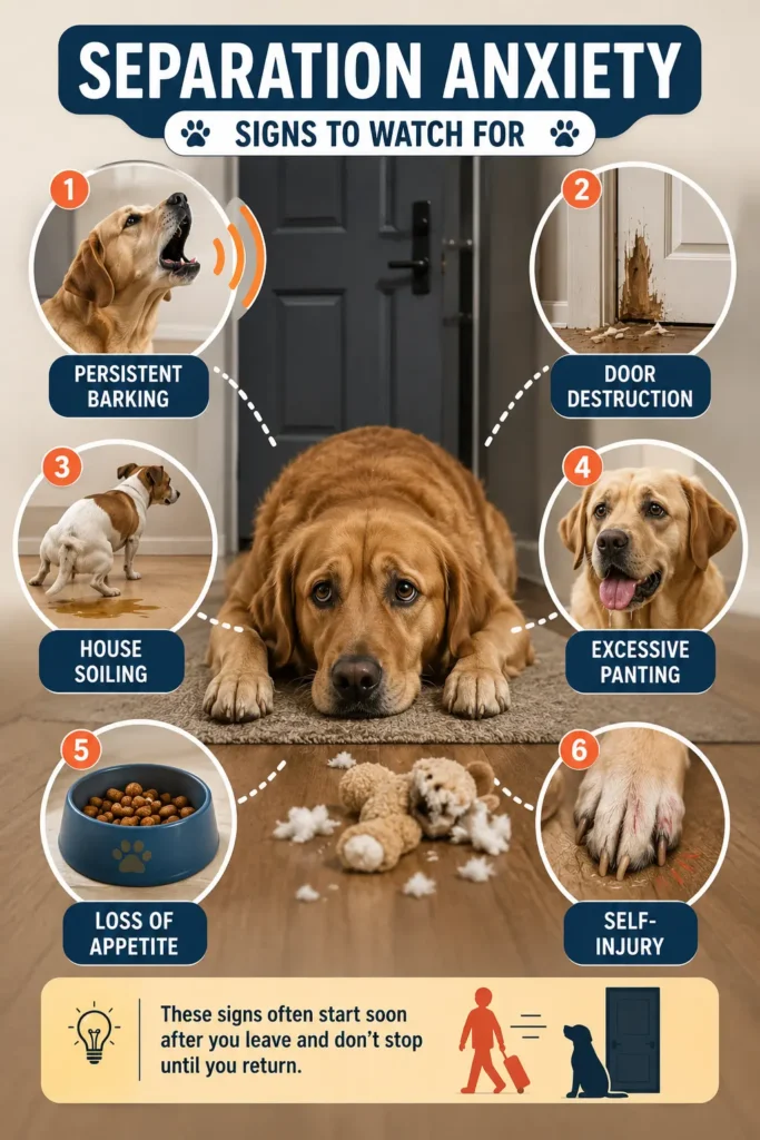 Infographic showing signs of separation anxiety in dogs