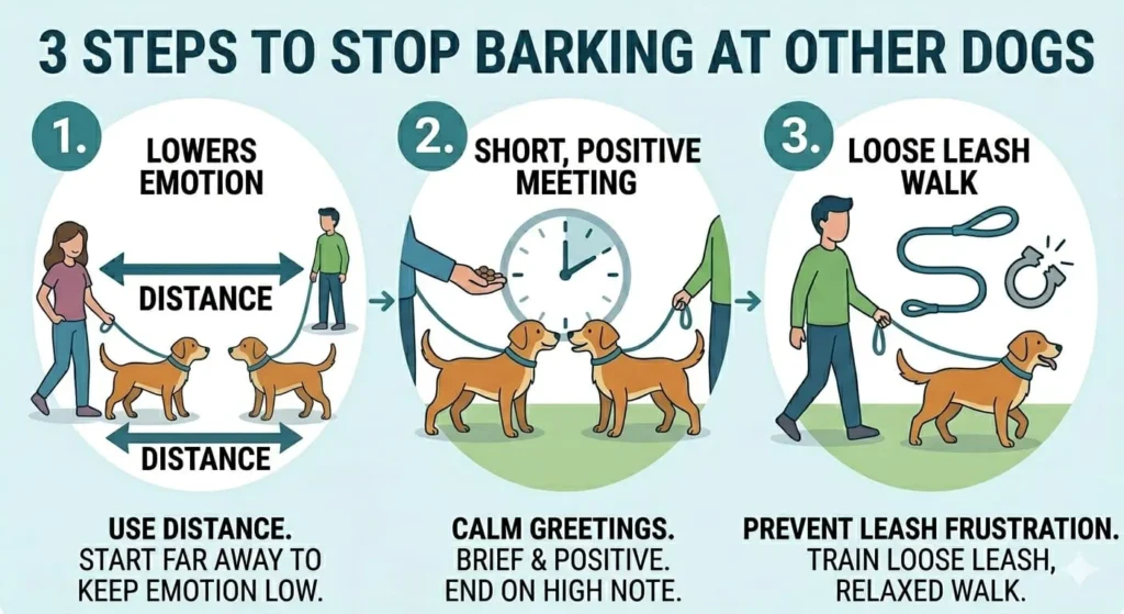 3-step infographic on how to stop dogs from barking at other dogs