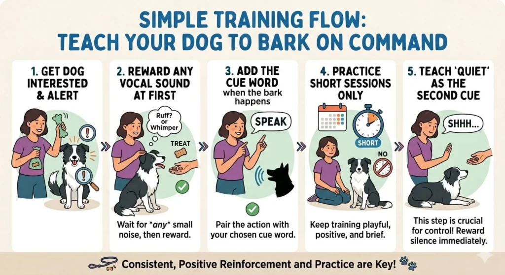 A 5-step training flow infographic for teaching a dog to bark on command