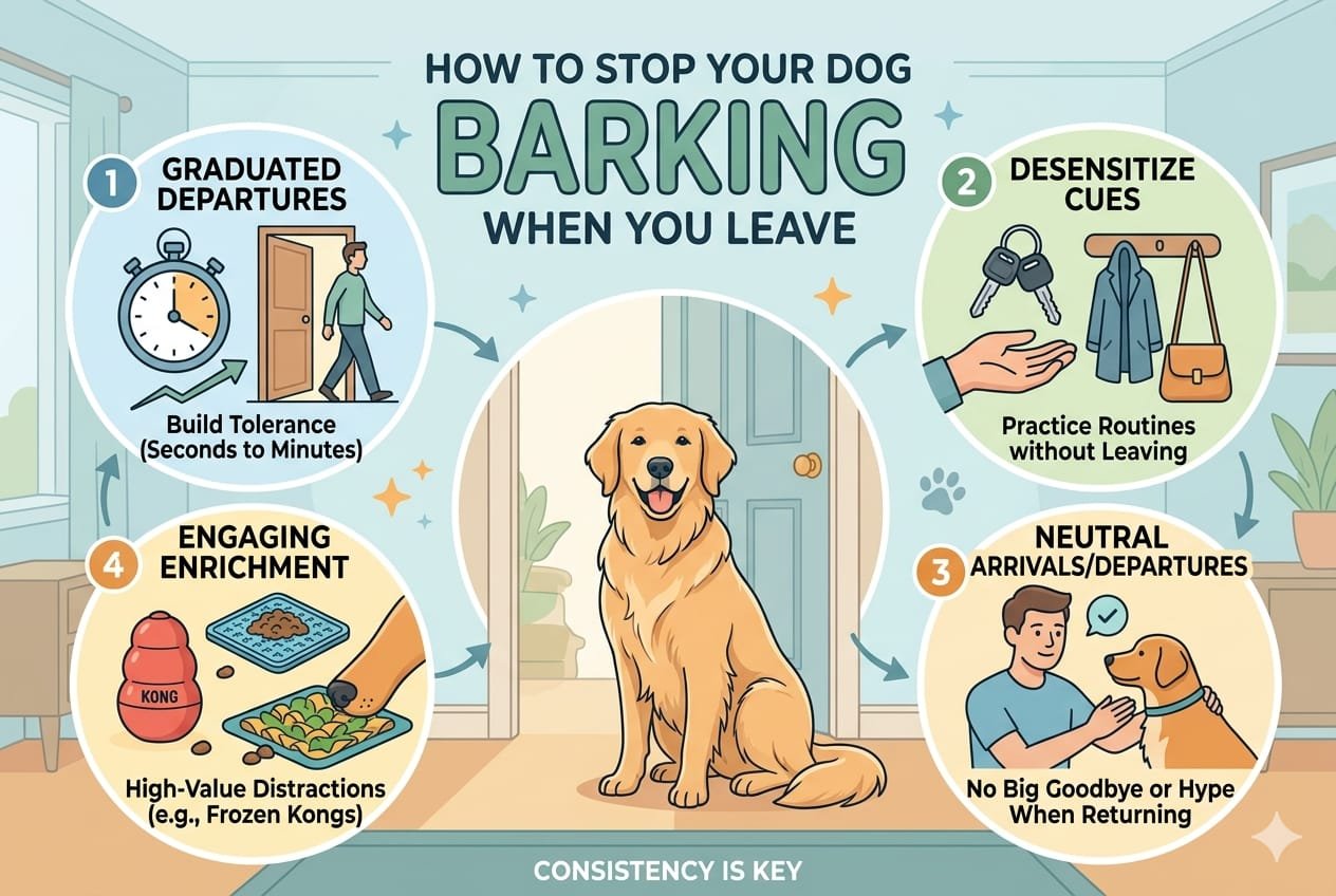 Infographic showing how to stop a dog barking when leaving