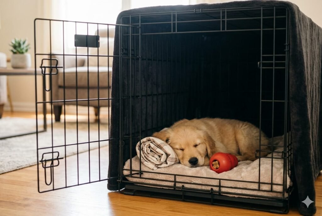 A calm golden retriever puppy sleeping peacefully inside a properly set up wire dog crate covered with a dark blanket, featuring soft bedding and a red KONG toy to prevent barking when left alone