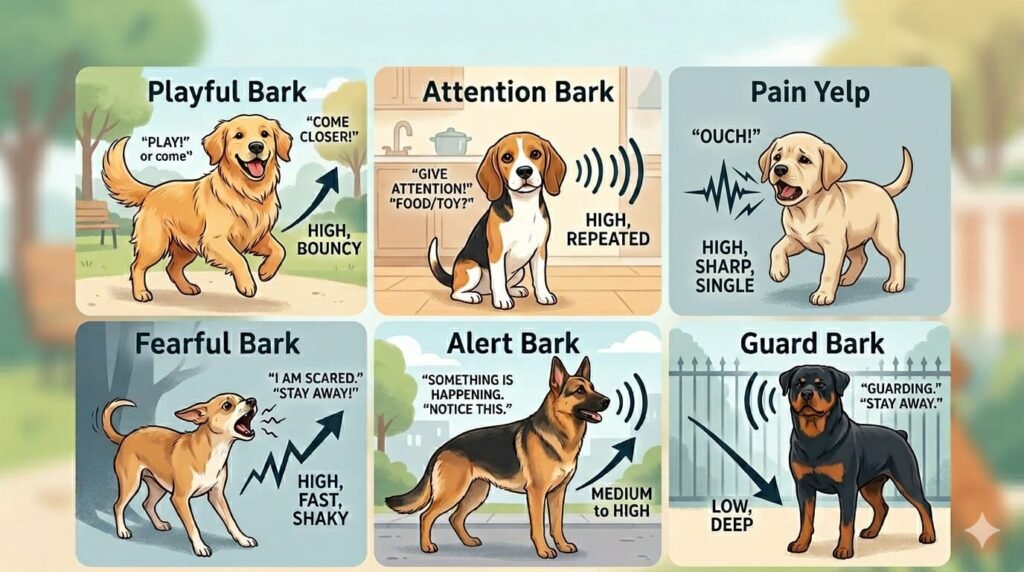 An educational infographic chart explaining high pitch dog bark meaning across different emotional states like playful barks, attention barks, and sharp pain yelps, contrasted against medium alert barks and low-pitched guard barks